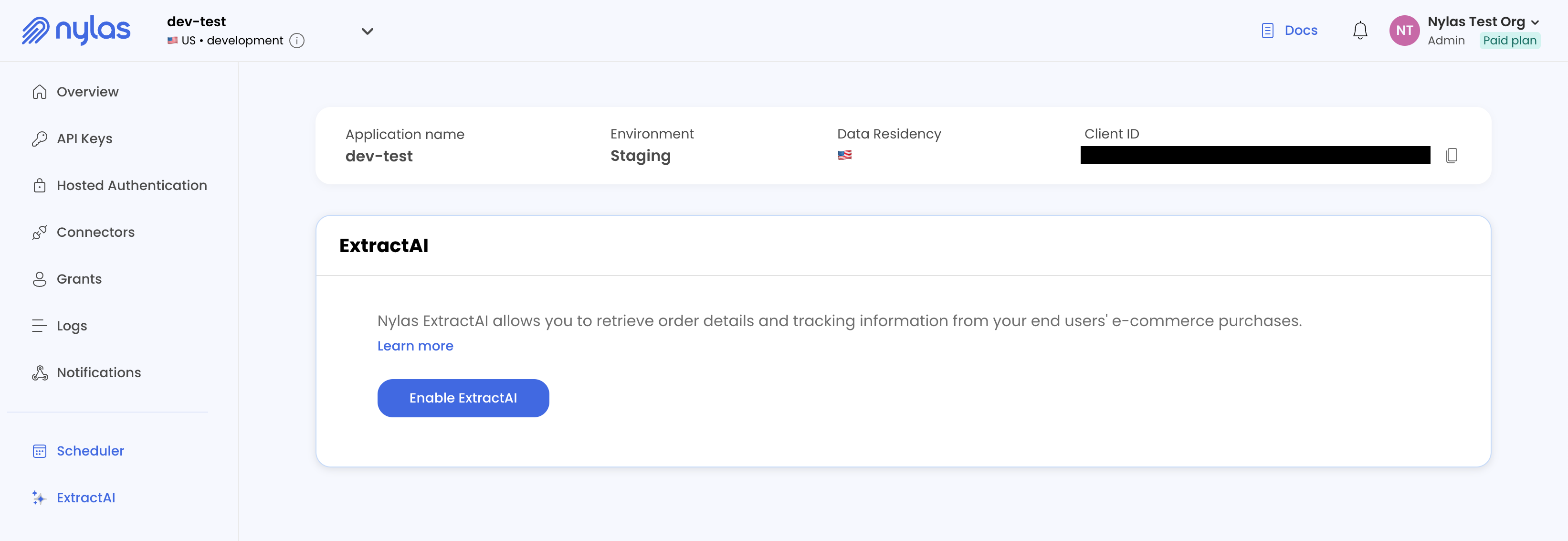 The Nylas Dashboard displaying the ExtractAI page.