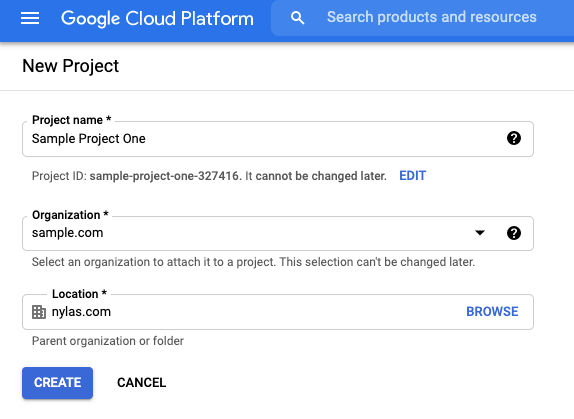 Google Cloud Platform "Create Project" page. The form is filled out with demo information.