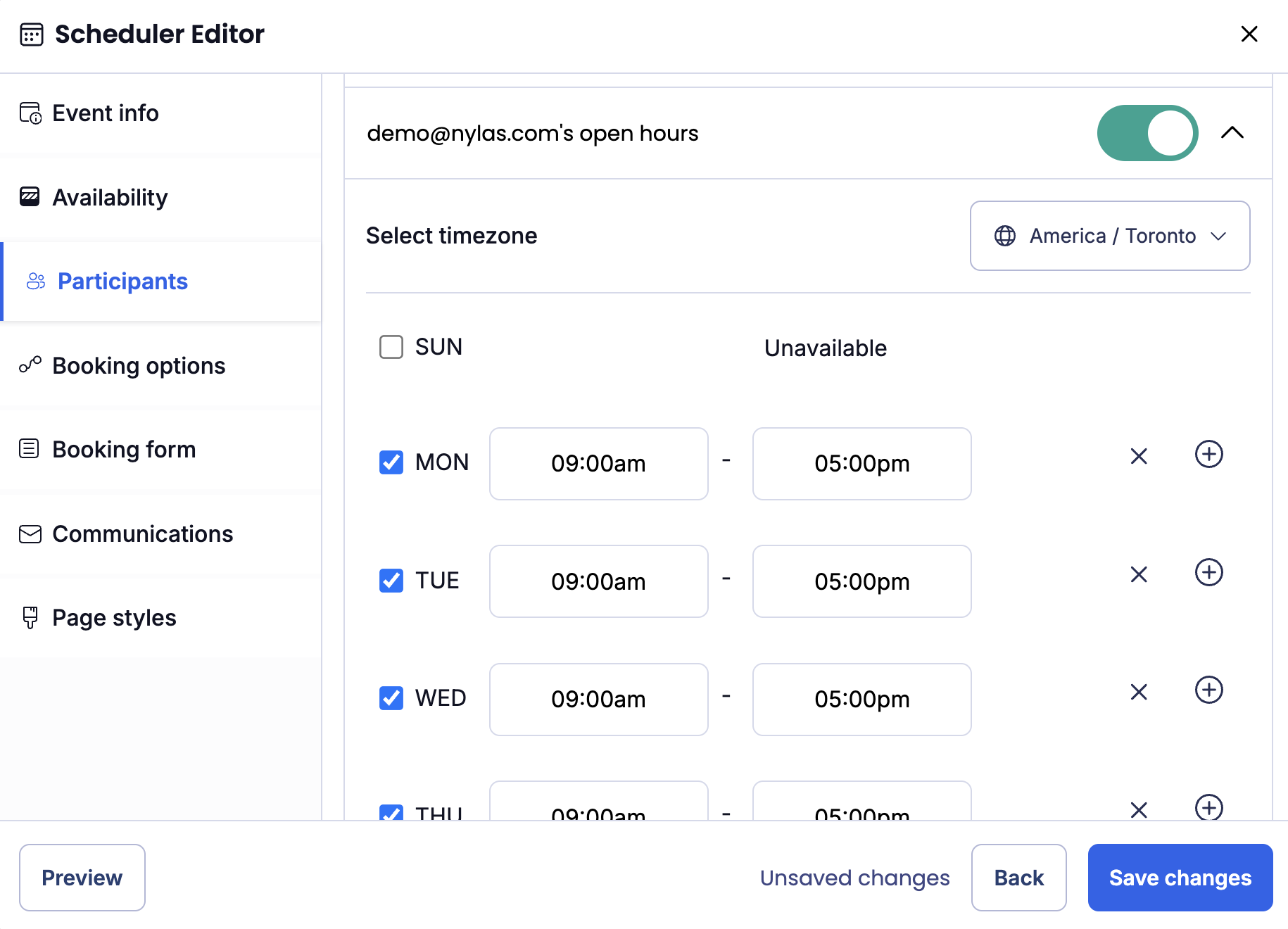 The Scheduler Editor UI displaying the Participants tab. A participant is selected, and their availability is defined for Monday, Tuesday, Wednesday, and Thursday.