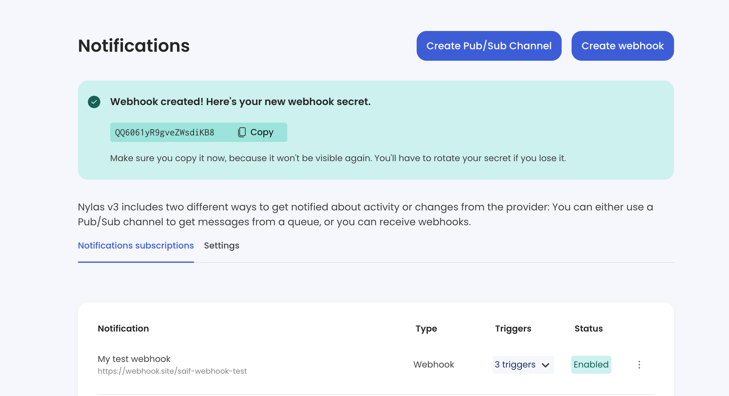 Webhook page on Nylas Webhook page on Nylas dashboard